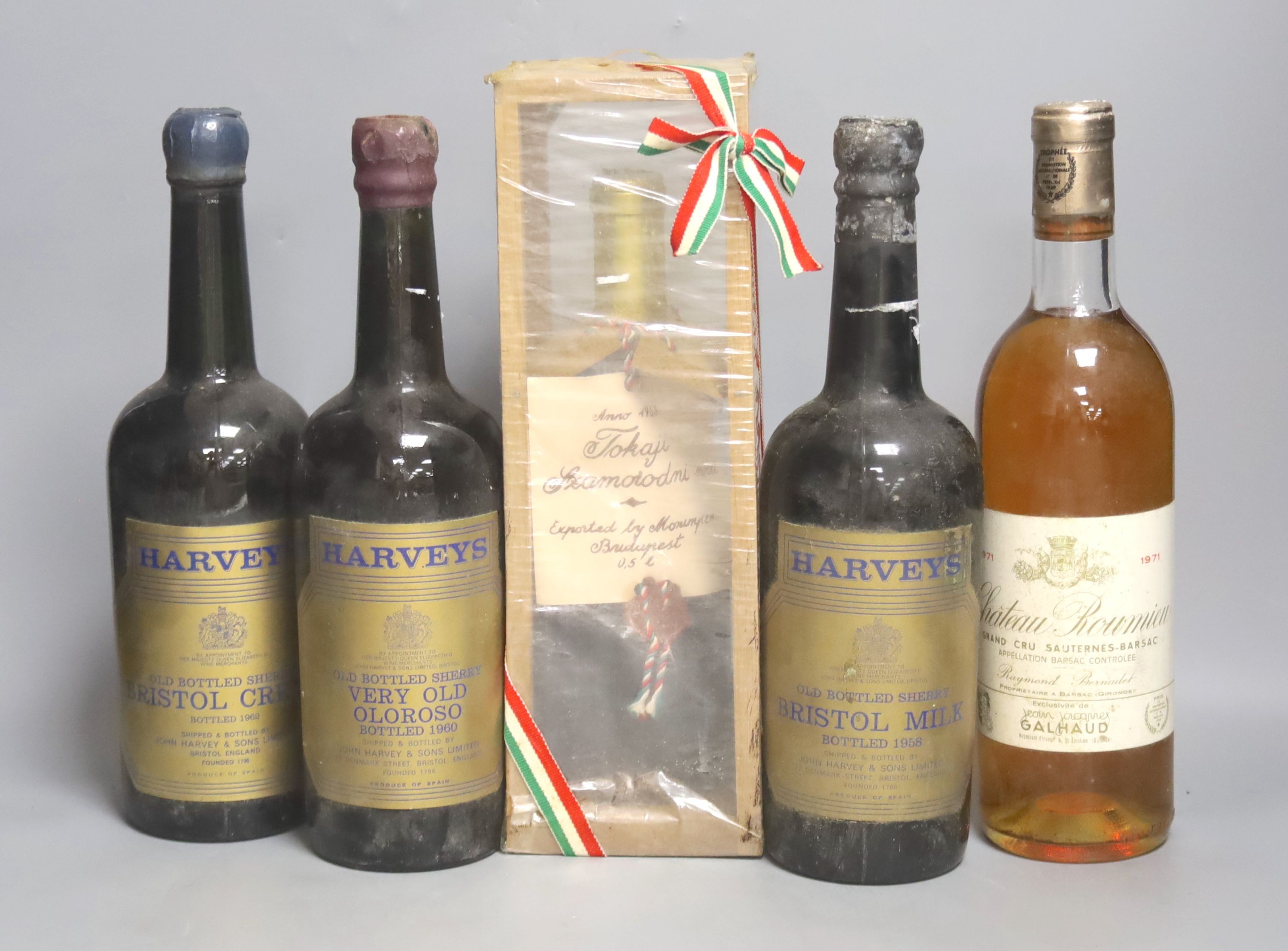 1971 Chateau Roumieu, 1963 Tohaji, Harveys old olorso, Bristol milk and Bristol cream (5)